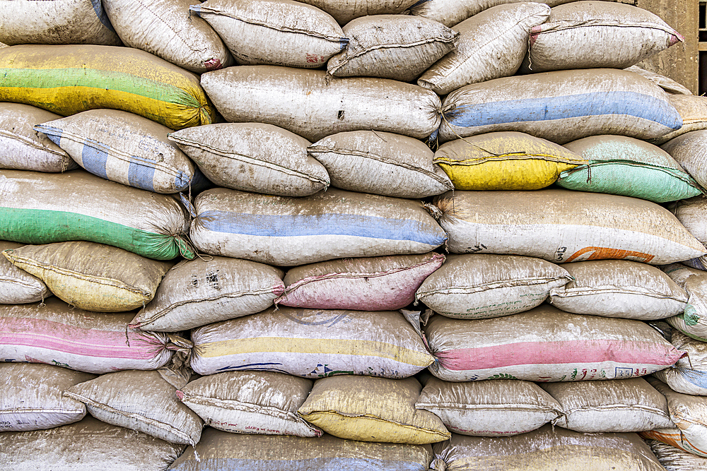 Manshiyat Naser, Garbage City, Cairo, Egypt. Bags of cut plastic for recycling in Manshiyat Naser, Garbage City, Cairo.