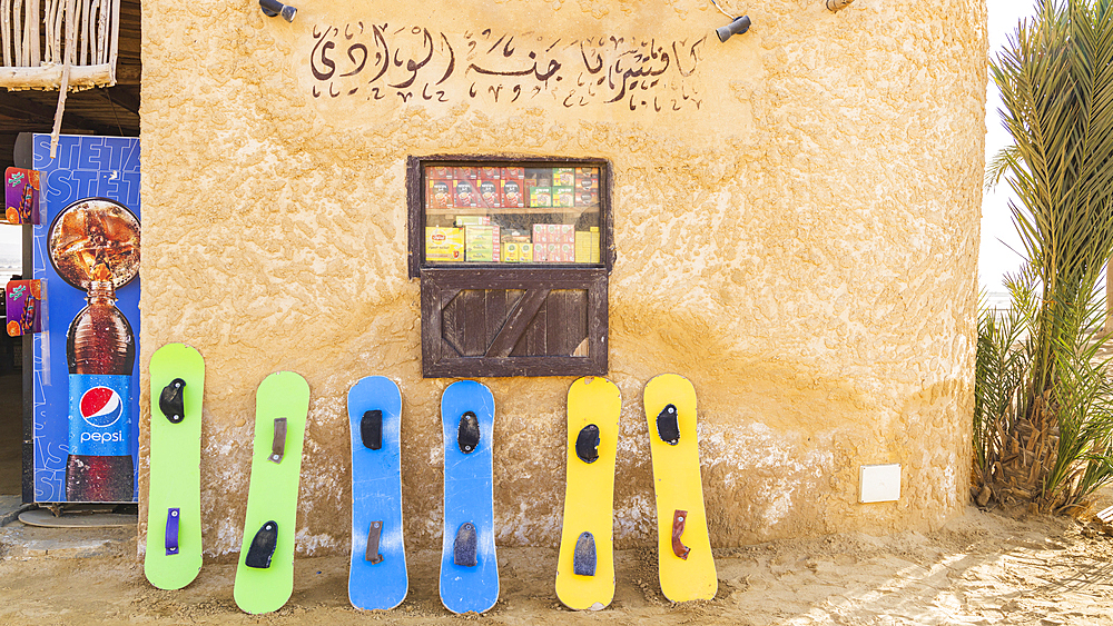 Faiyum Oasis, Egypt. February 20, 2022. Boards for sliding down sand dunes at Faiyum Oasis.