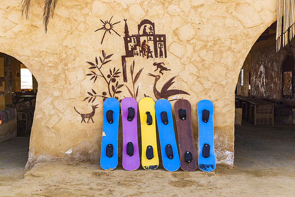 Faiyum Oasis, Egypt. February 20, 2022. Boards for sliding down sand dunes at Faiyum Oasis.