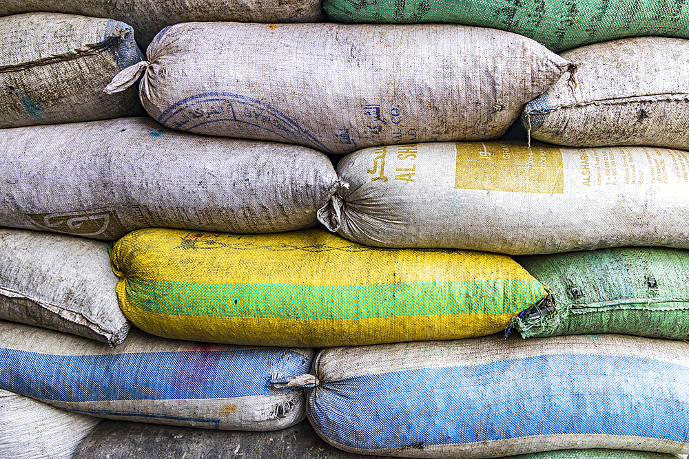 Manshiyat Naser, Garbage City, Cairo, Egypt. February 21, 2022. Sacks of plastic scrap for recycling in Manshiyat Naser, Garbage City.