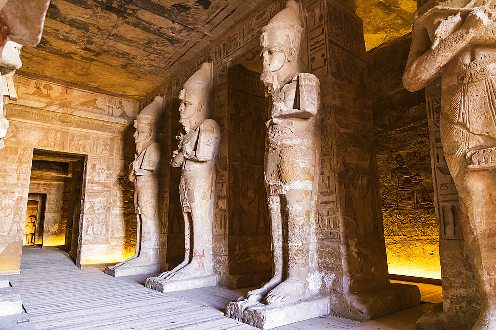 Abu Simbel, Aswan, Egypt. February 22, 2022. Osiris pillars in the Hypostyle Hall of the Great Temple of Ramesses II.