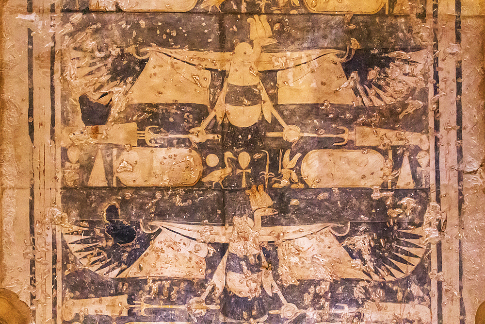 Abu Simbel, Aswan, Egypt. February 22, 2022. Mural of vultures on the ceiling of the Hypostyle Hall in the Great Temple of Ramesses II.