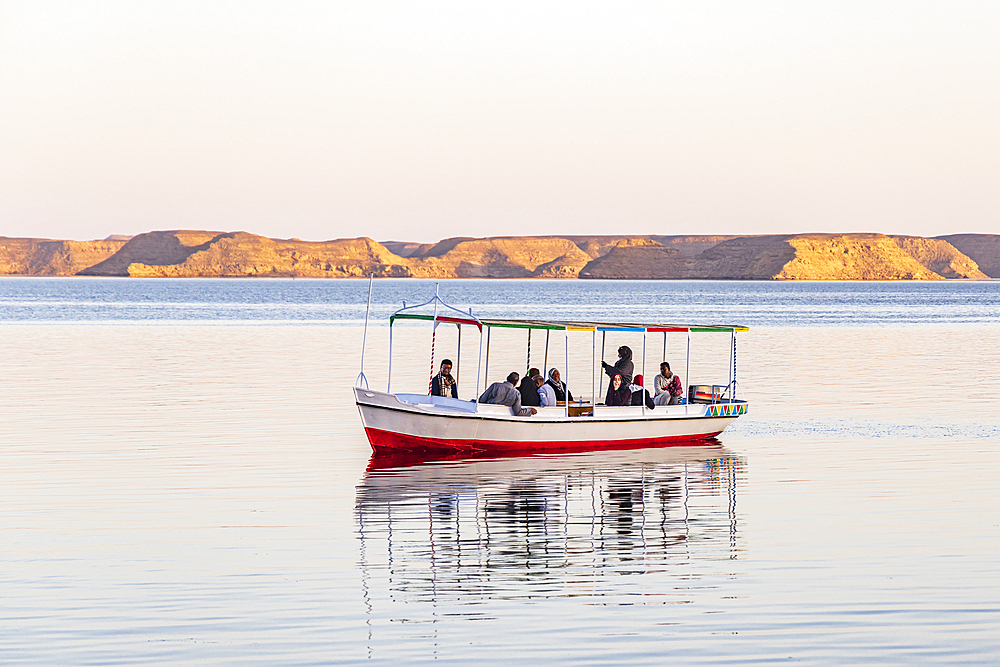 Lake Nasser, Abu Simbel, Aswan, Egypt. February 22, 2022. Tour boat on Lake Nasser on a calm evening.