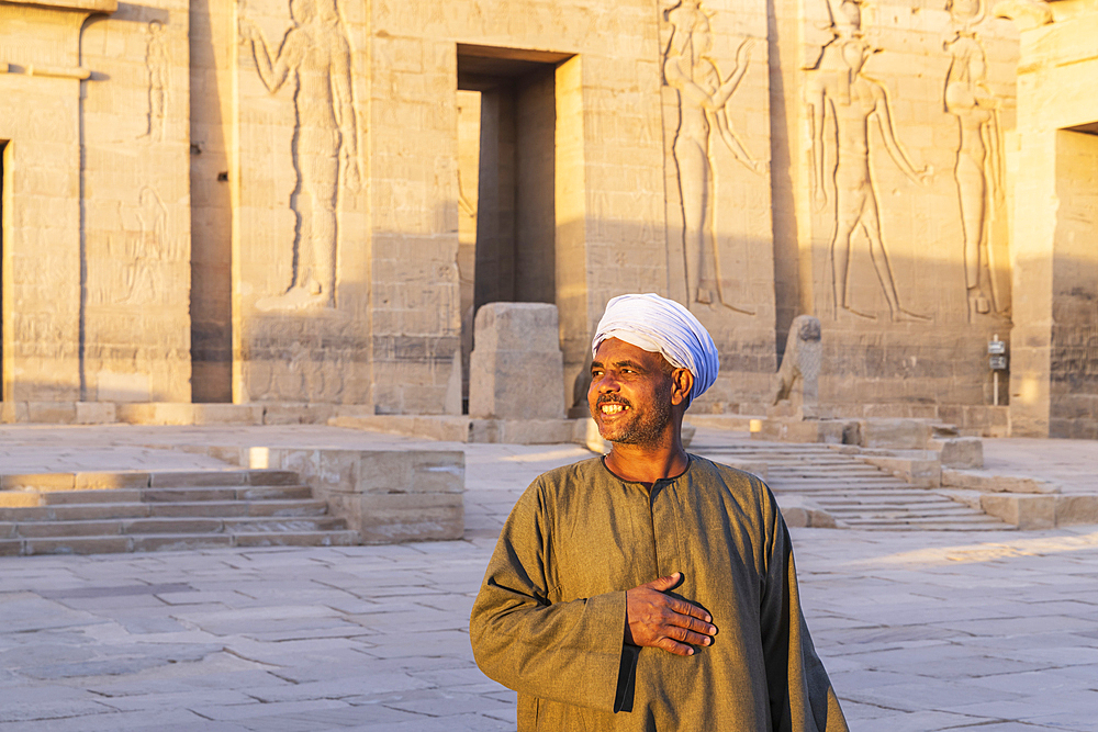 Agilkia Island, Aswan, Egypt. February 24, 2022. Guide at Philae Temple, a UNESCO World Heritage Site.