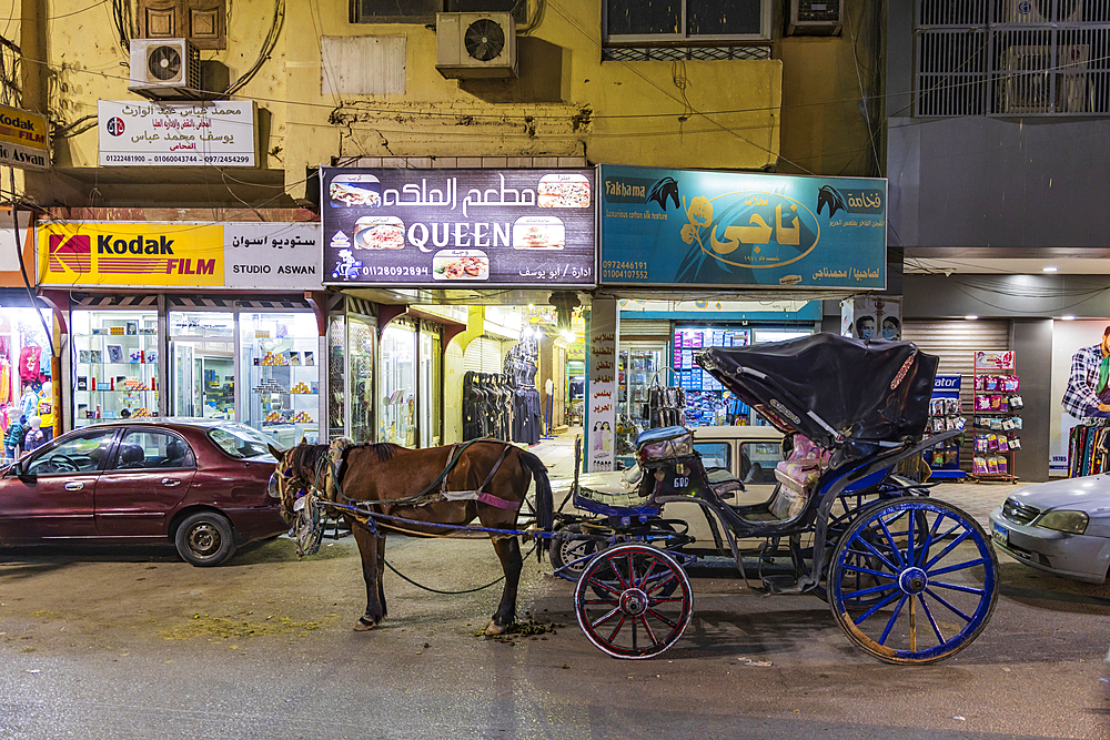 Luxor, Egypt. February 23, 2022. Horse and buggy on a street in Luxor.