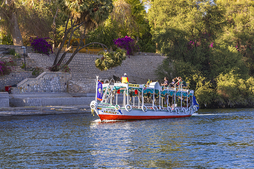 Luxor, Egypt. February 23, 2022. Tourist boat on the Nile River in Luxor.