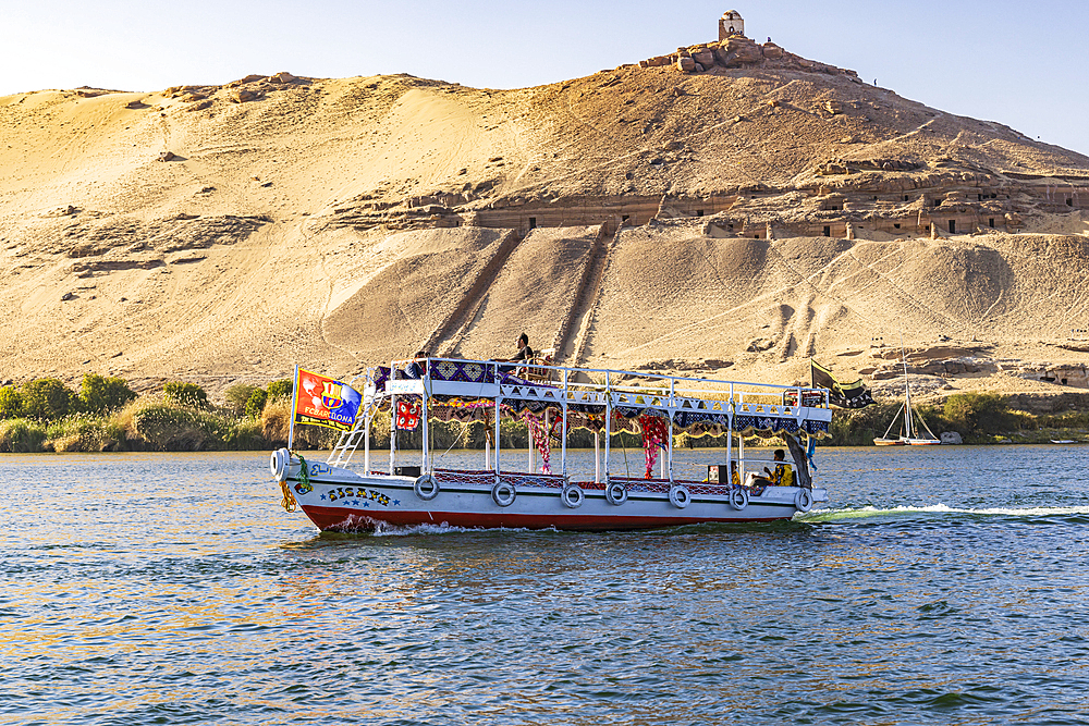 Luxor, Egypt. February 23, 2022. Tourist boat on the Nile River in Luxor.