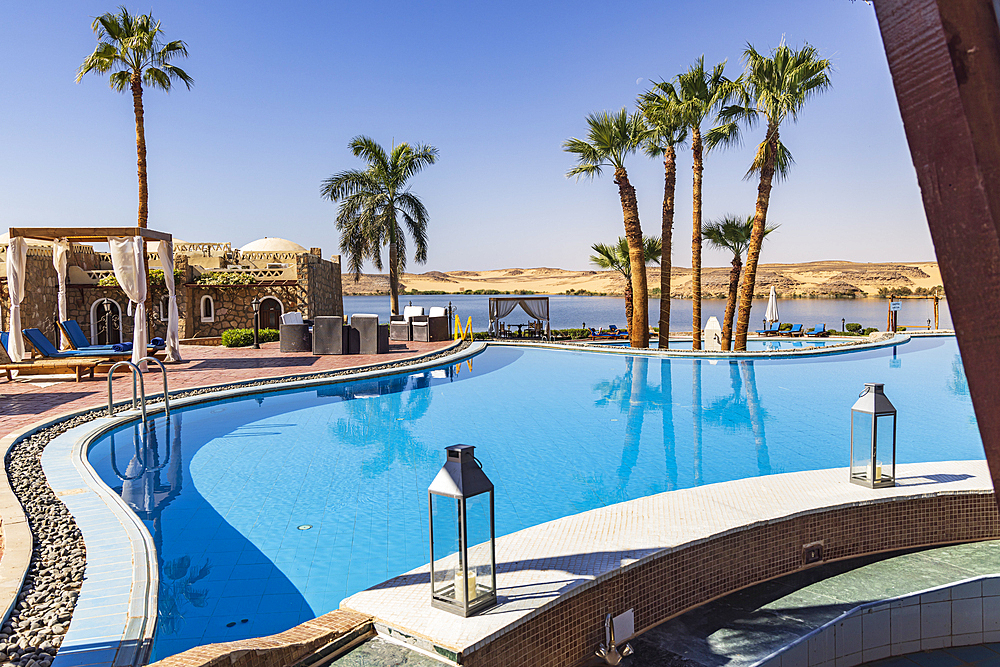 Abu Simbel, Aswan, Egypt. February 23, 2022. The swimming pool at a hotel conference center in Abu Simbel.