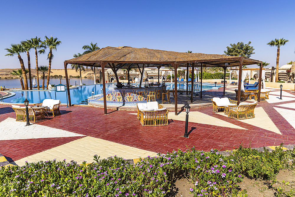 Abu Simbel, Aswan, Egypt. February 23, 2022. The swimming pool at a hotel conference center in Abu Simbel.