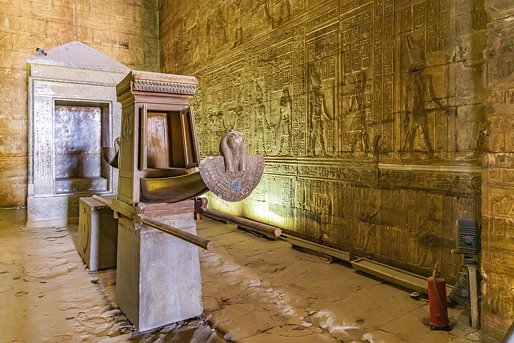 Edfu, Aswan, Egypt. February 25, 2022. Sacred boat in the Temple of Horus at Edfu.