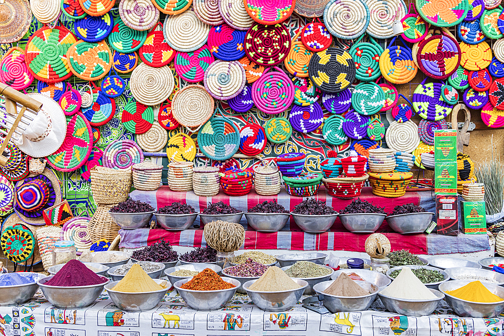 Luxor, Egypt. February 23, 2022. Baskets and spices for sale at a market in Luxor.