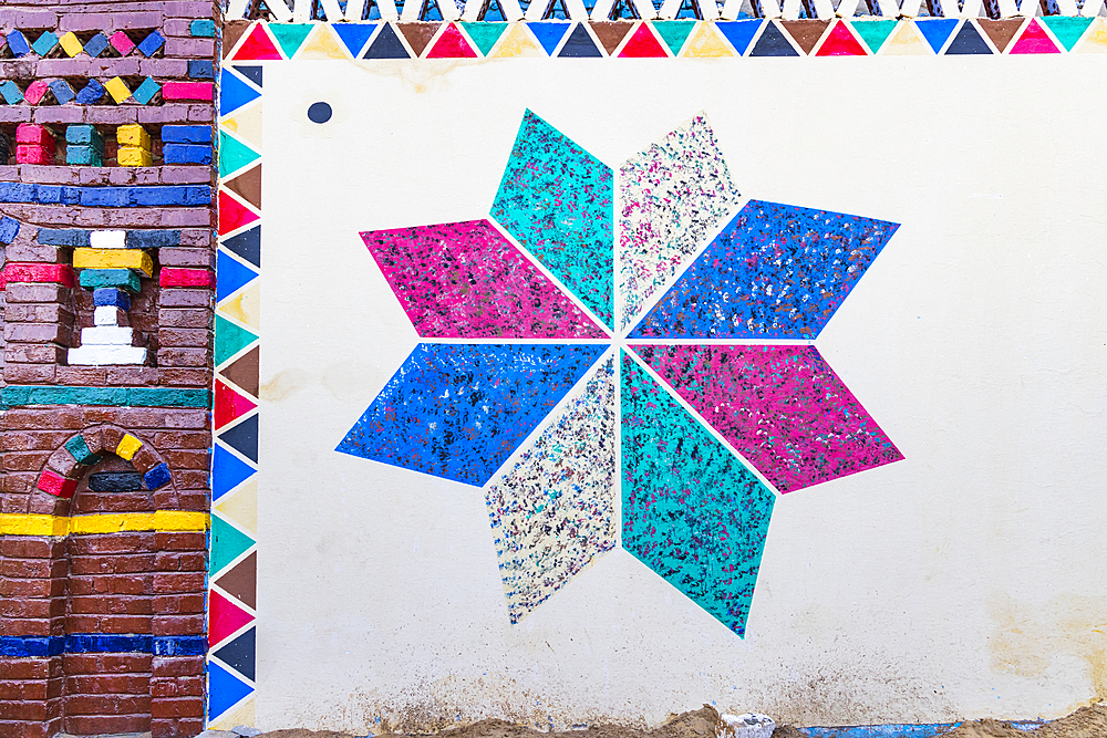 Luxor, Egypt. February 23, 2022. Colorful geometric mural on a building in Luxor.