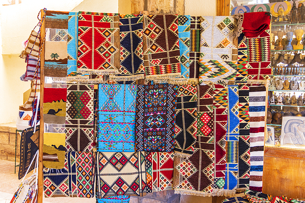 Abu Simbel, Aswan, Egypt. February 23, 2022. Small woven rug souvenirs at a tourist shop in Abu Simbel.