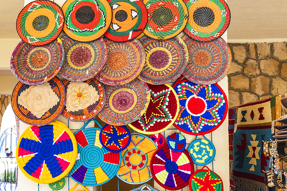 Abu Simbel, Aswan, Egypt. February 23, 2022. Colorful basket souvenirs at a tourist shop in Abu Simbel.