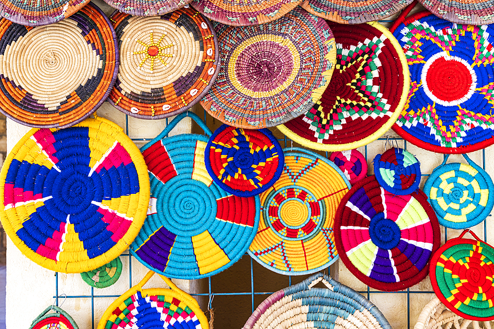 Abu Simbel, Aswan, Egypt. February 23, 2022. Colorful basket souvenirs at a tourist shop in Abu Simbel.