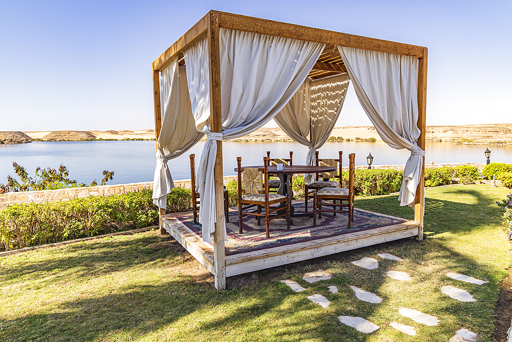 Abu Simbel, Aswan, Egypt. February 23, 2022. Gazebo along Lake Nasser at a hotel conference center in Abu Simbel.