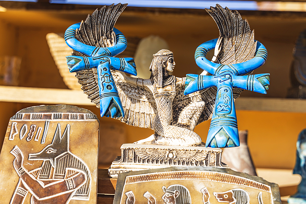 Valley of the Kings, Luxor, Egypt. February 26, 2022. Replicas of ancient art for sale at a tourist shop at the Valley of the Kings at Luxor.