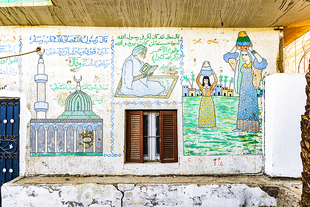 Thebes, Luxor, Egypt. February 26, 2022. Contemporary murals on a building in Luxor.