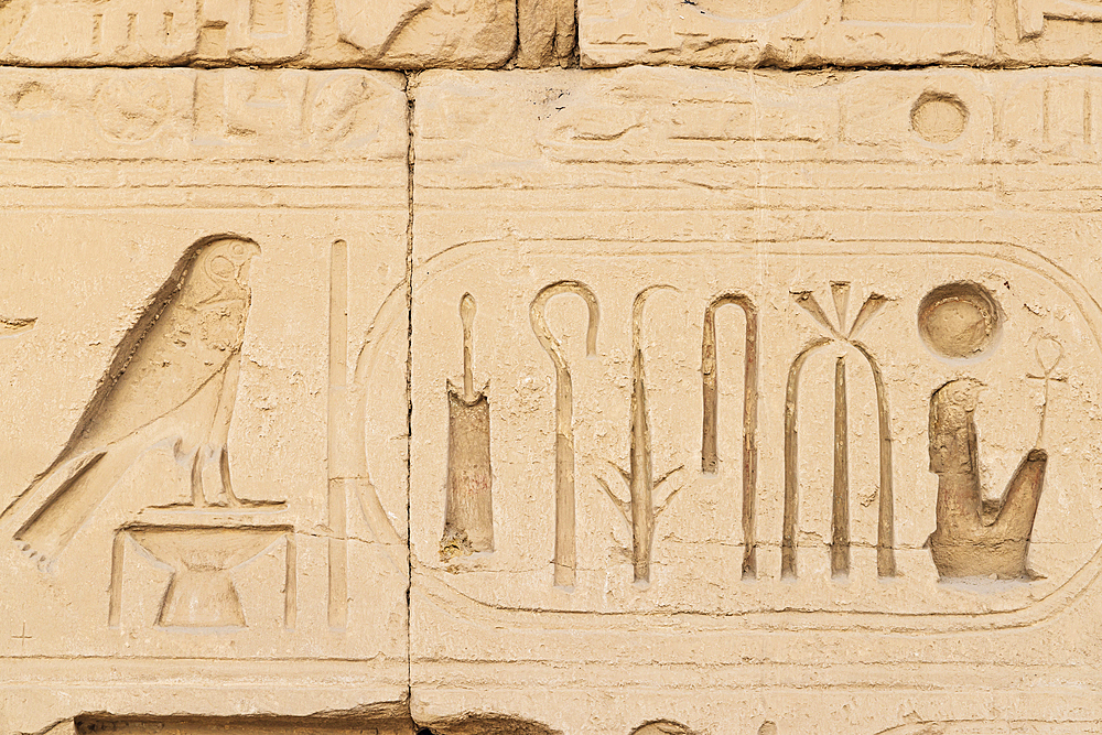 Karnak, Luxor, Egypt. Hieroglyphs on a wall at the Karnak Temple complex in Luxor.