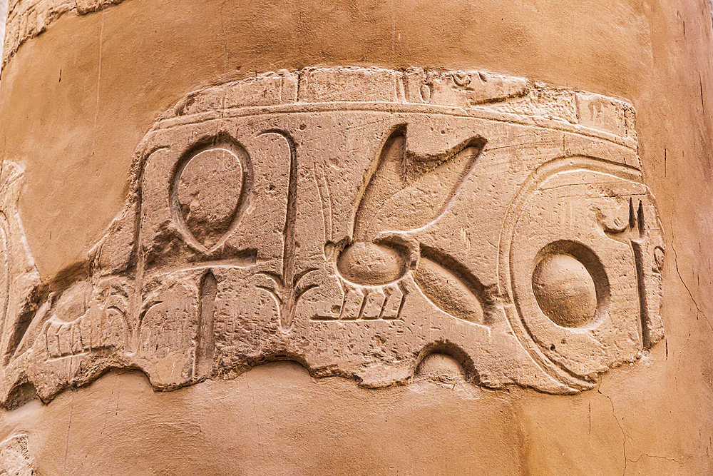 Karnak, Luxor, Egypt. Hieroglyphs on a column in the Great Hypostyle Hall in the Karnak Temple complex in Luxor.