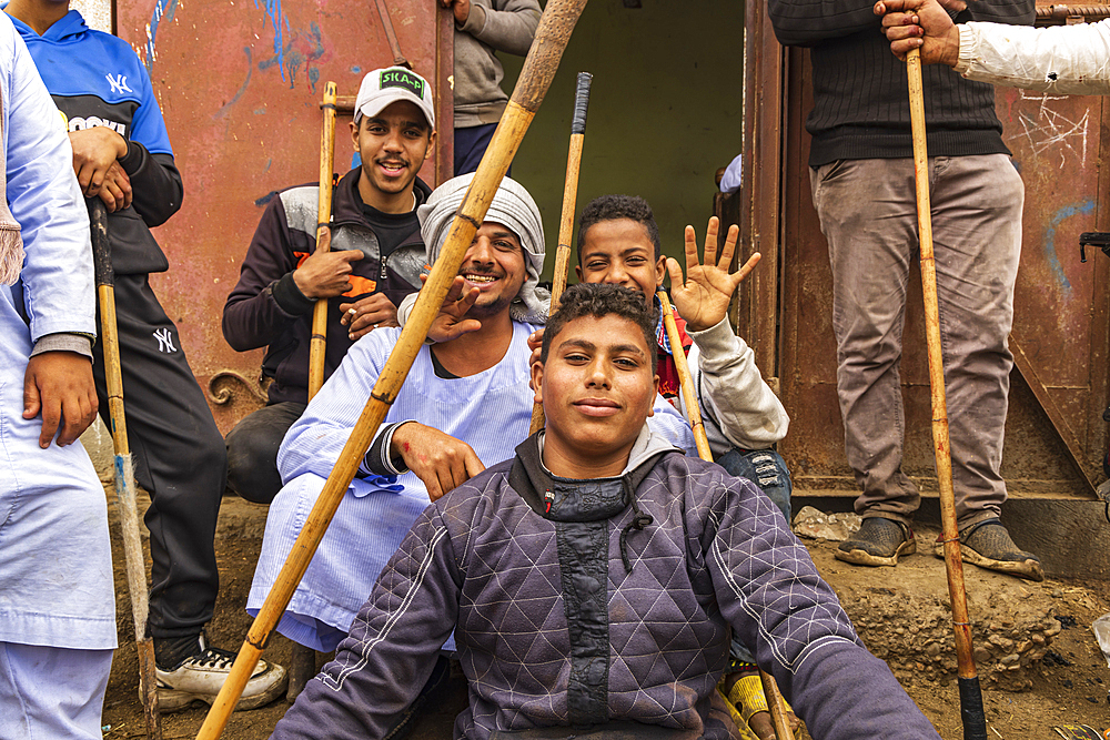 Birqash, Cairo, Egypt. February 18, 2022. Camel handlers at the Birqash Camel Market outside Cairo.