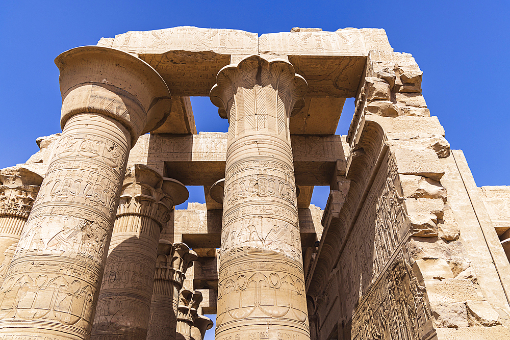 Kom Ombo, Aswan, Egypt. Carved columns at the Kom Ombo temple.