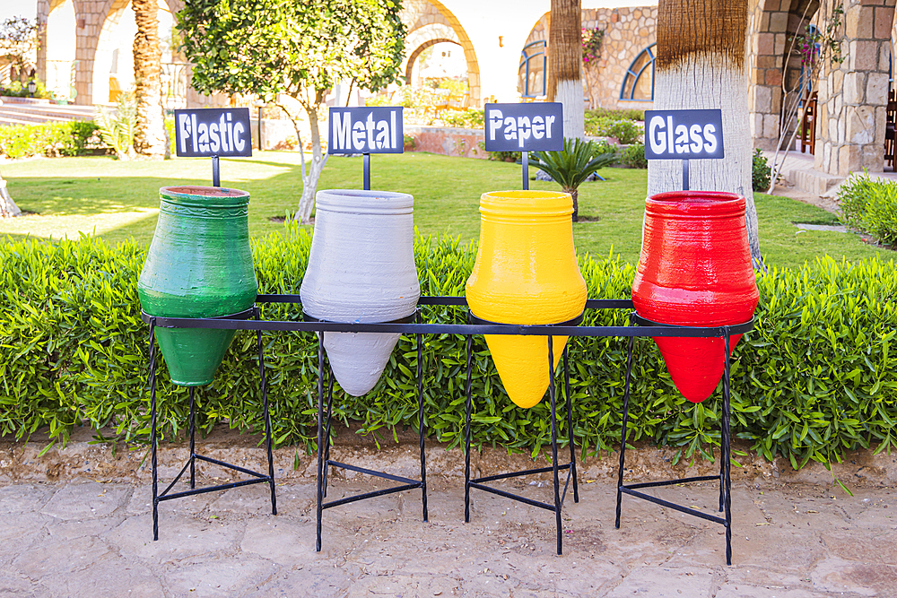 Abu Simbel, Aswan, Egypt. Recycling containers in the shape of traditional pots.