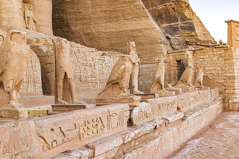 Abu Simbel, Aswan, Egypt. Statues of Horus falcons at the Great Temple of Ramesses II.