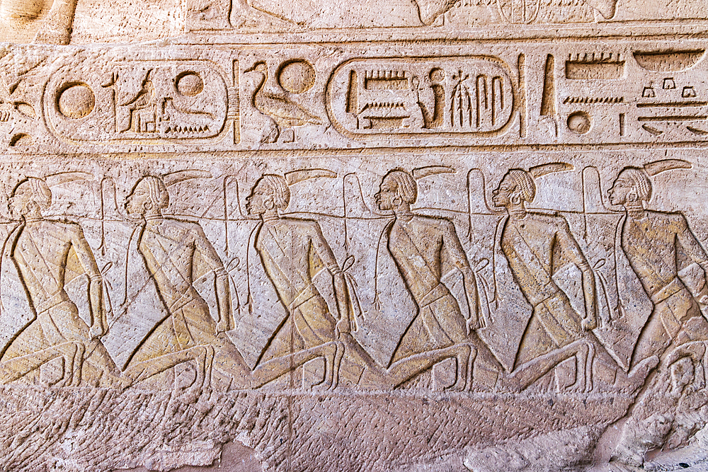 Abu Simbel, Aswan, Egypt. Relief mural depicting captured Nubians at the Great Temple of Ramesses II.