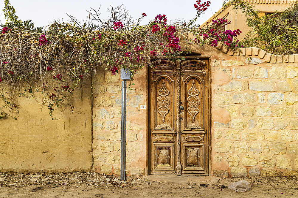 Faiyum, Egypt. Wooden door in a wall in the village of Faiyum.