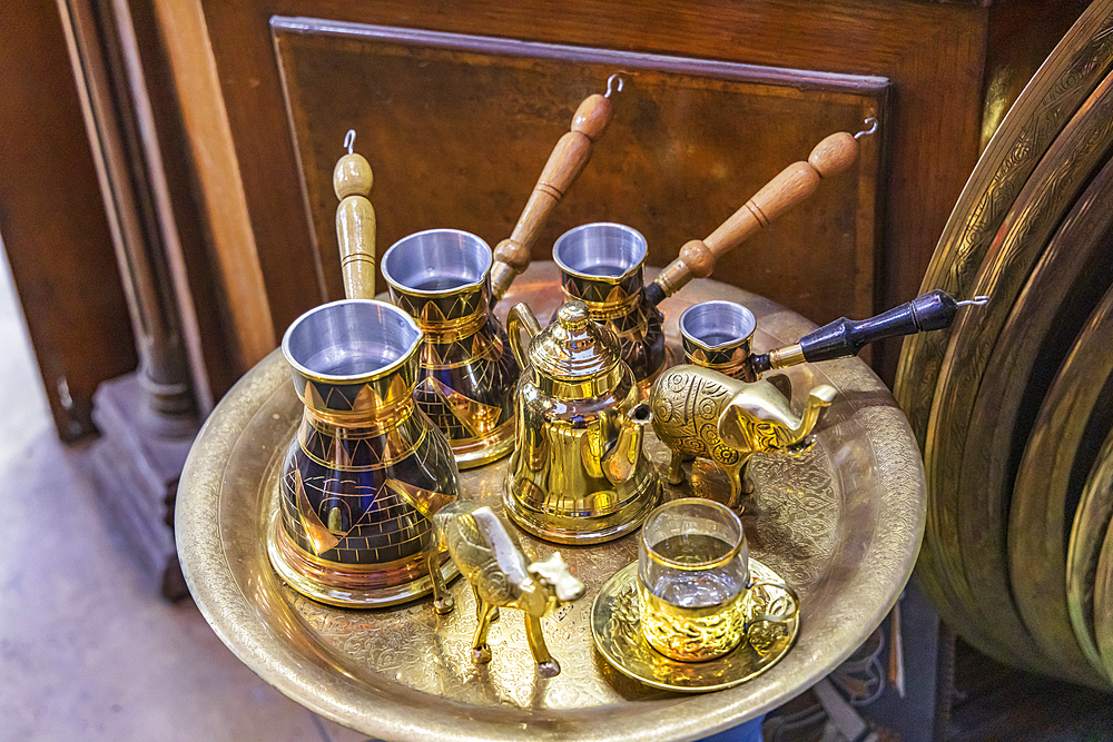 Cairo, Egypt. Coffee pots at a shop on El Moez street in Old Cairo.