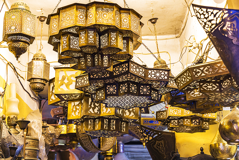 Cairo, Egypt. February 18, 2022. Brass lamps at a shop on El Moez street in Old Cairo.