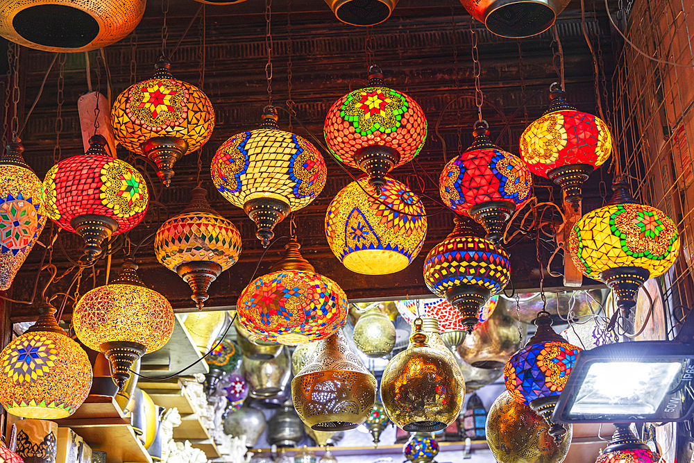 Cairo, Egypt. February 18, 2022. Colorful lamps at a shop on El Moez street in Old Cairo.