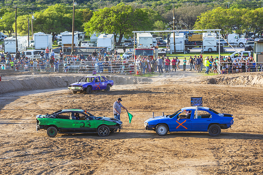 Burnet, Texas, USA. April 10, 2021. Competitors in the county fair demolition derby in Burnet, Texas.