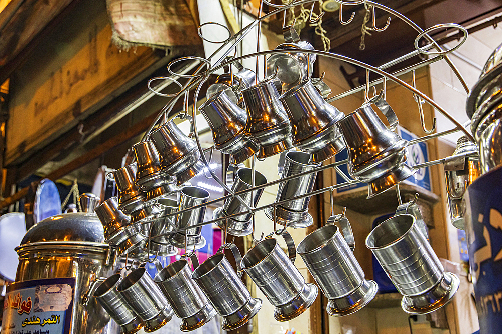 Cairo, Egypt.. February 18, 2022. Metal cups at a shop on El Moez street in Old Cairo.