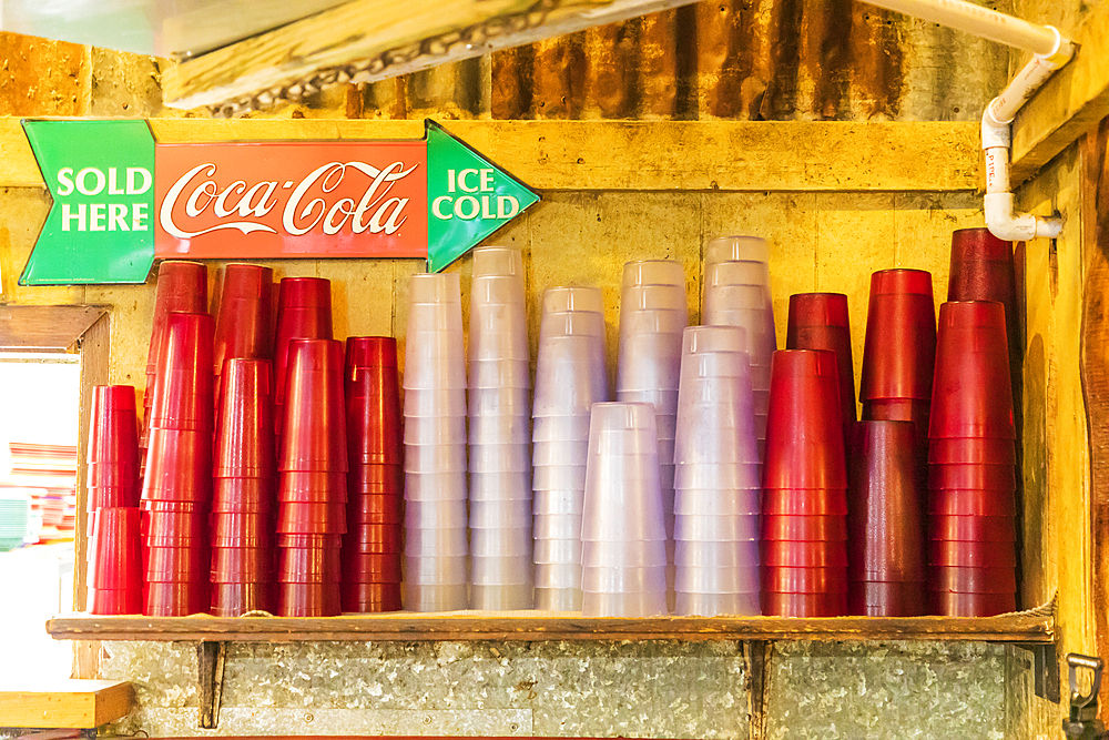 Utopia, Texas, USA. April 14, 2021. Plastic cups a cafe in the Texas hill country.