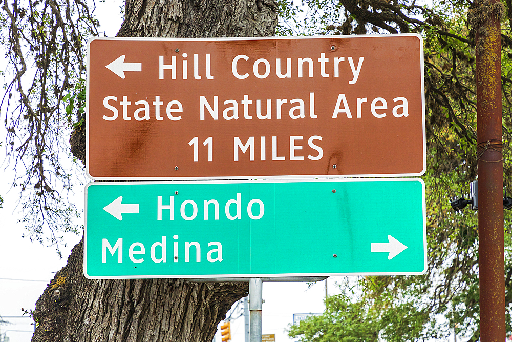 Bandera, Texas, USA. Road signs in the Texas hill country.