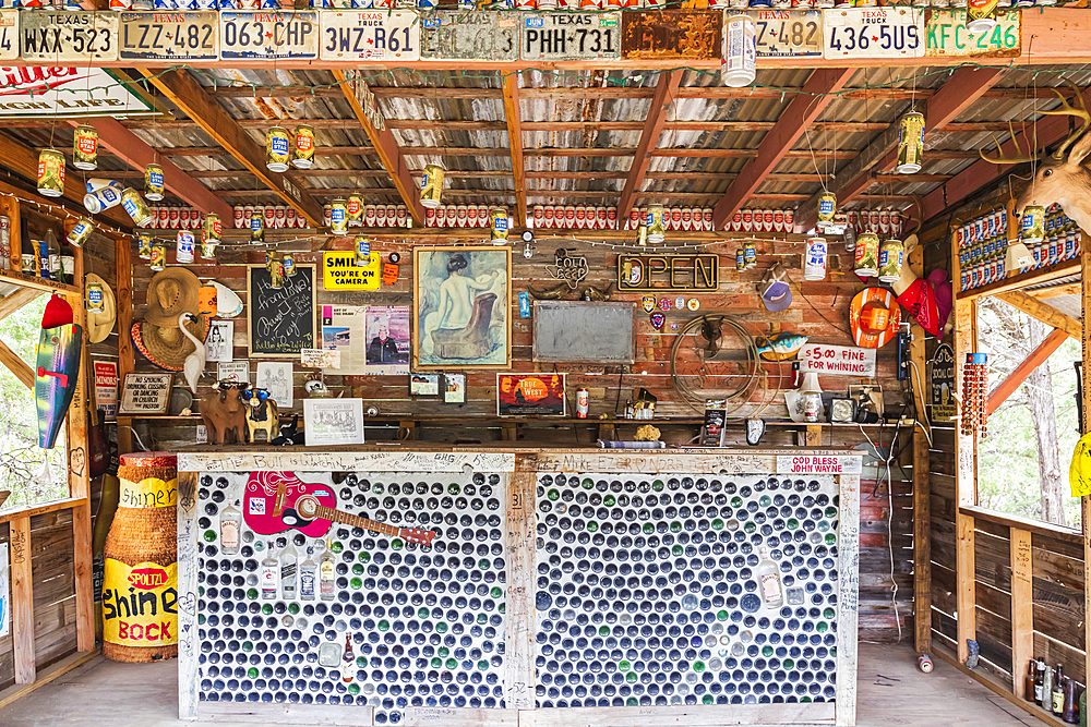 Comfort, Texas, USA. April 14, 2021. Clutter inside the Cartoon Saloon in the Texas hill country.