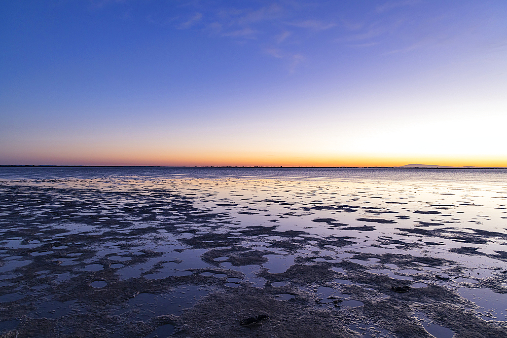 Saintes-Maries-de-la-Mer, Bouches-du-Rhone, Provence-Alpes-Cote d'Azur, France. Sunrise on the marshlands of the Camargue.