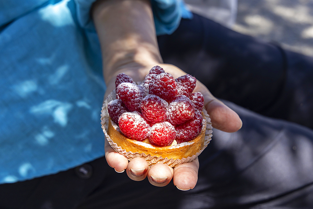 Gordes, Vaucluse, Provence-Alpes-Cote d'Azur, France. Fresh raspberries and sugar in Provence.