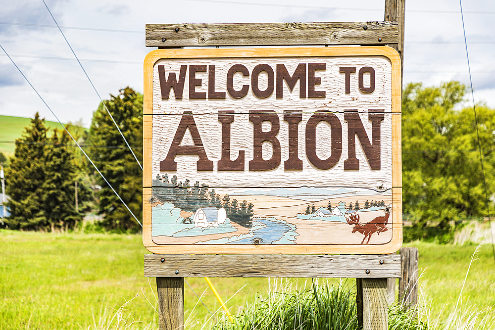 Albion, Washington, USA. Welcome sign for the small town of Albion.