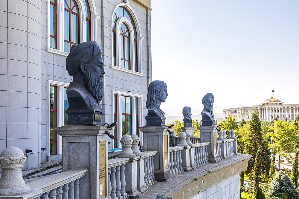 Dushanbe, Tajikistan. August 11, 2021. Busts of Tajik writers on the National Libray in Dushanbe. Editorial Use Only