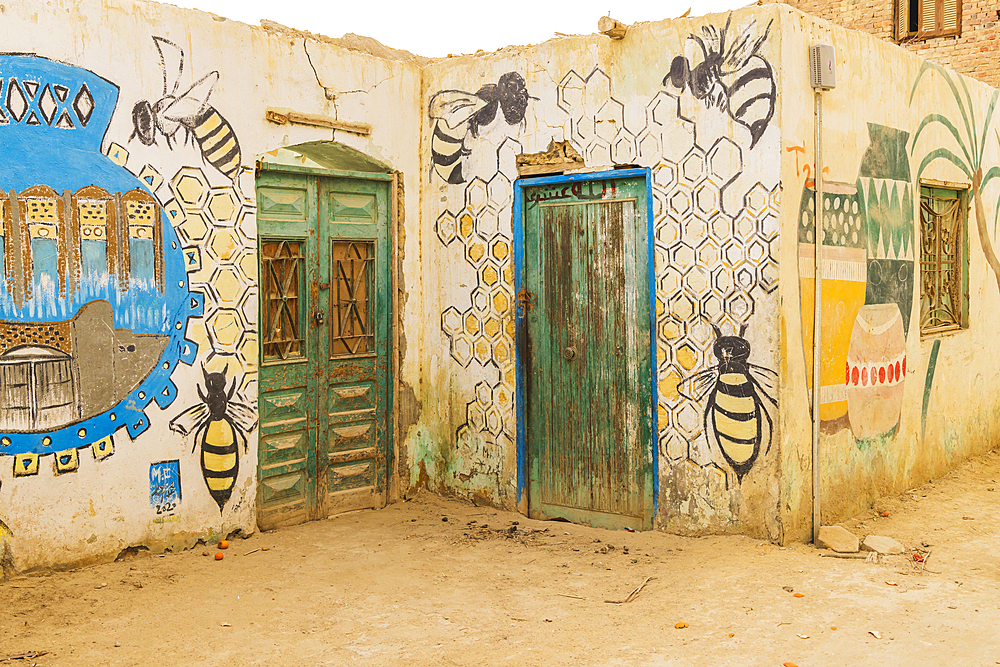 Faiyum, Egypt. February 19, 2022. Building decorated with murals in the village of Faiyum.