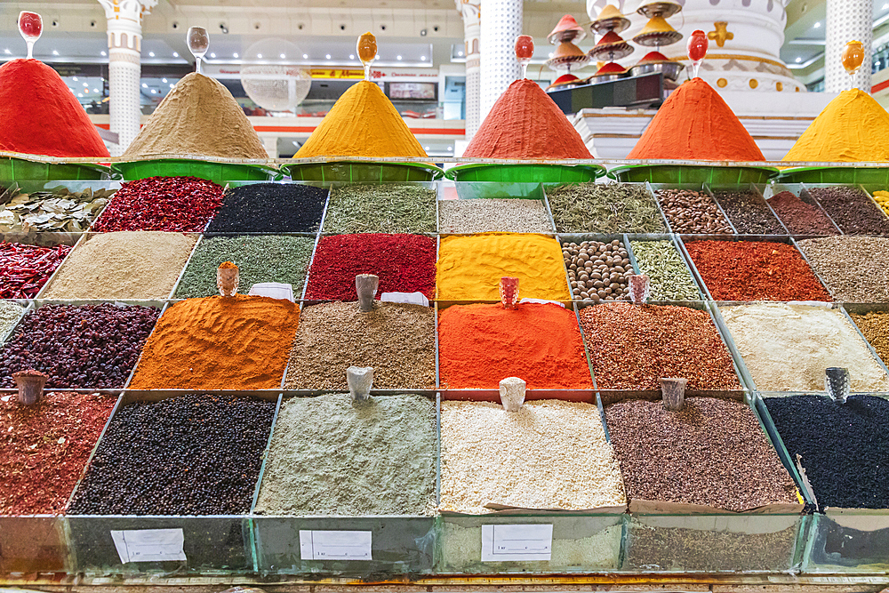 Dushanbe, Tajikistan. Spices for sale at the Mehrgon Market in Dushanbe.