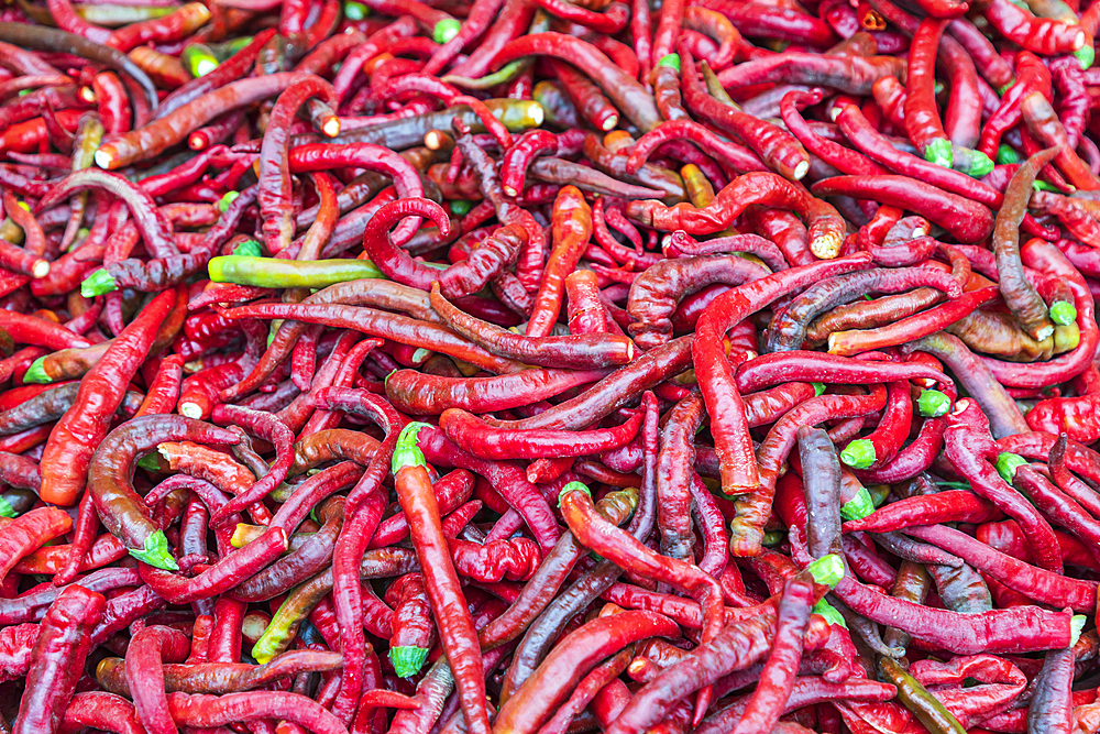 Dushanbe, Tajikistan. Chili peppers for sale at the Mehrgon Market in Dushanbe.