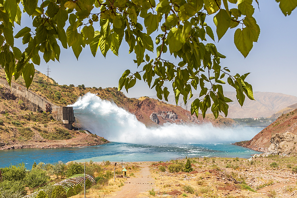 Nurek, Khatlon Province, Tajikistan. Spillway on the Nurek Dam, on the Kyzylsu River.