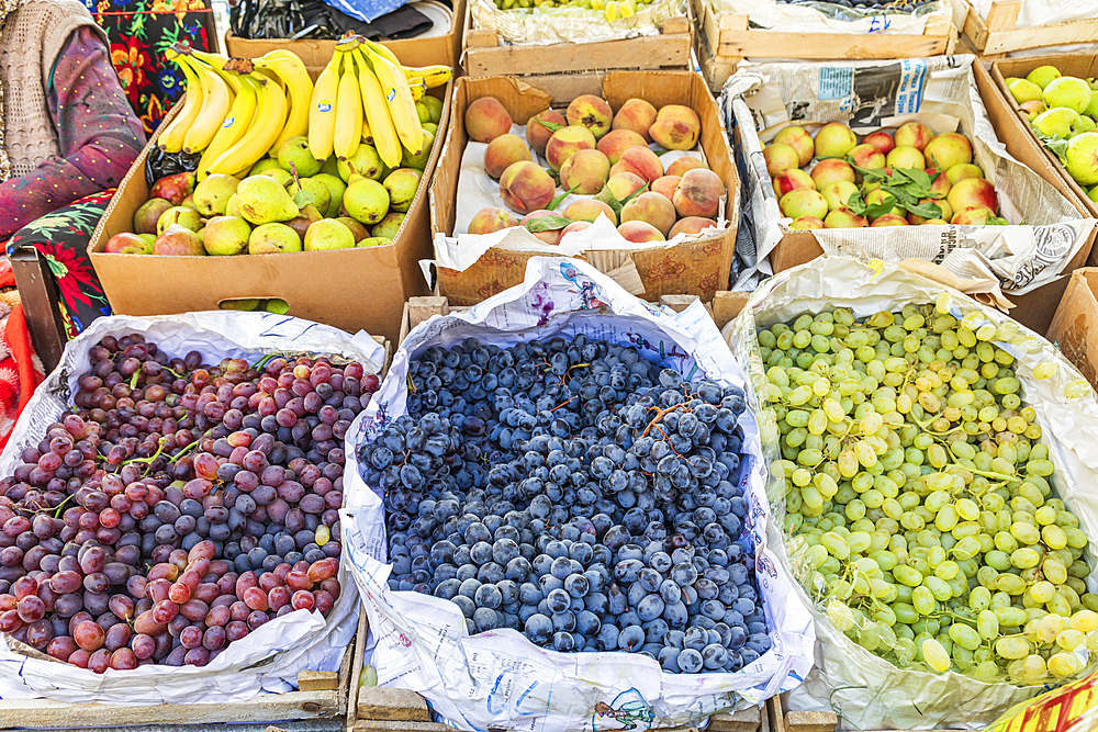 Sarvoda, Sughd Province, Tajikistan. Fresh fruit for sale at an outdoor market.