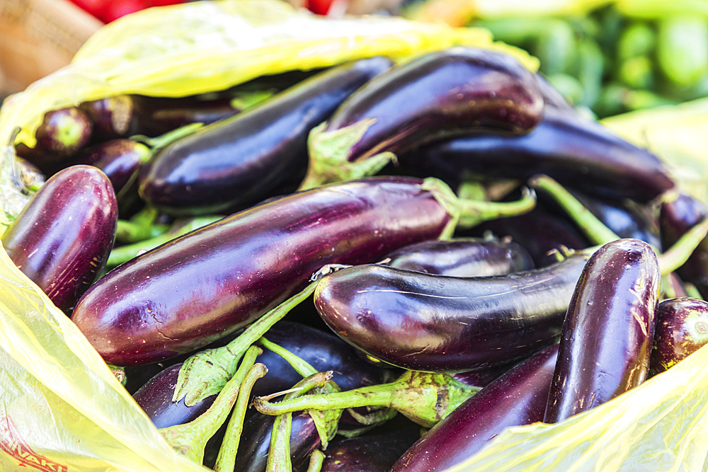 Sarvoda, Sughd Province, Tajikistan. Eggplants for sale at an outdoor market.