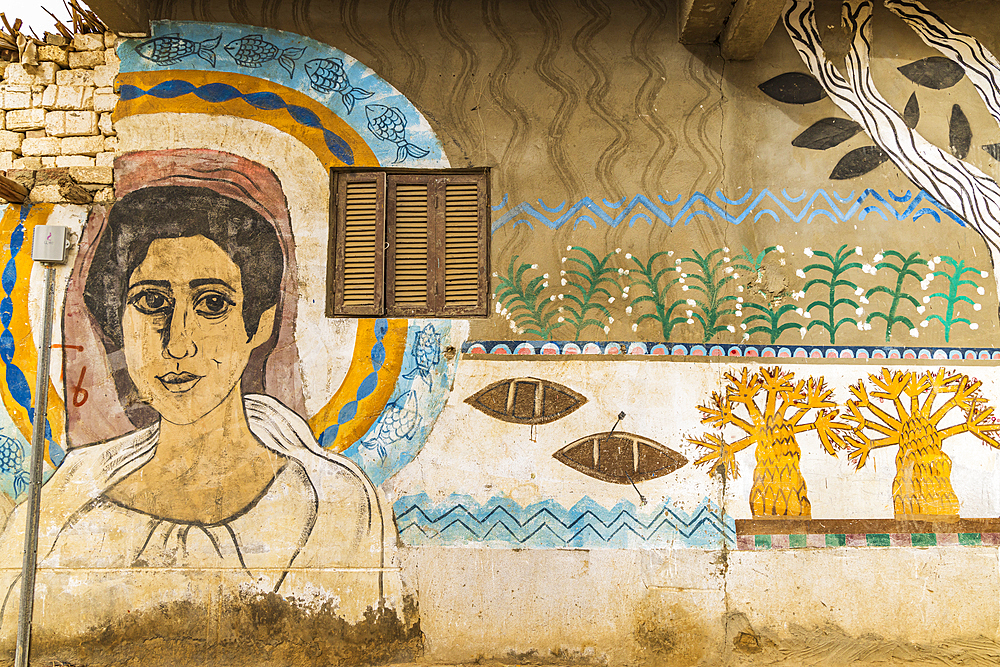 Faiyum, Egypt. February 19, 2022. Building decorated with murals in the village of Faiyum.