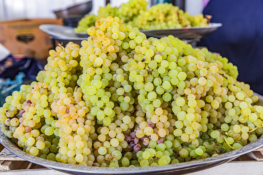 Panjakent, Sughd Province, Tajikistan. Green grapes for sale at the market in Panjakent.